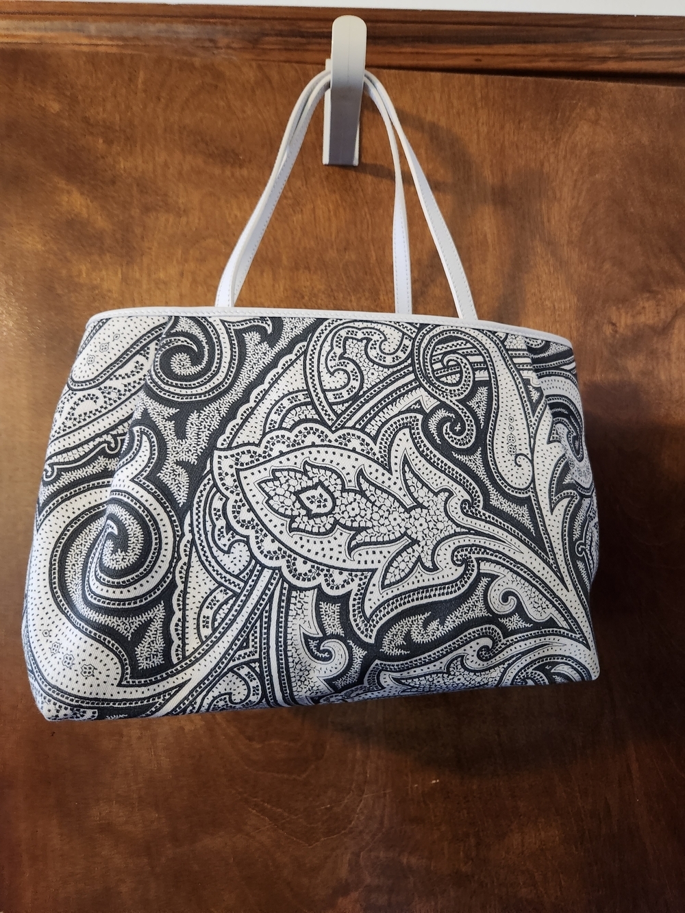 ETRO Milano Black & White Paisley Canvas Tote Bag - White Leather Trim